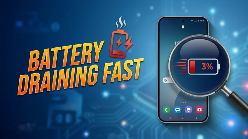 A Samsung Galaxy S26 smartphone showing a low battery warning under a magnifying glass with the text "BATTERY DRAINING FAST" and a steaming battery icon.