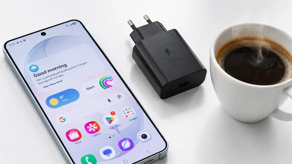 Galaxy S26 lying on a white tech table beside a black charger and a steaming cup of coffee, representing a phone overheating issue.