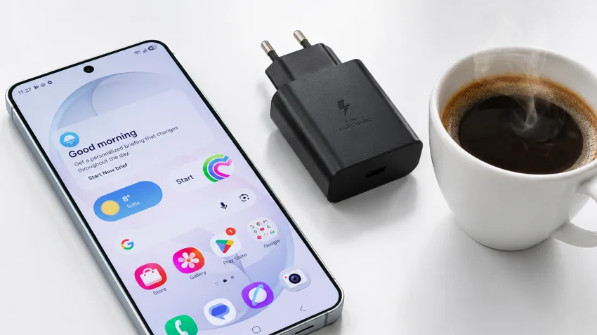 Galaxy S26 lying on a white tech table beside a black charger and a steaming cup of coffee, representing a phone overheating issue.