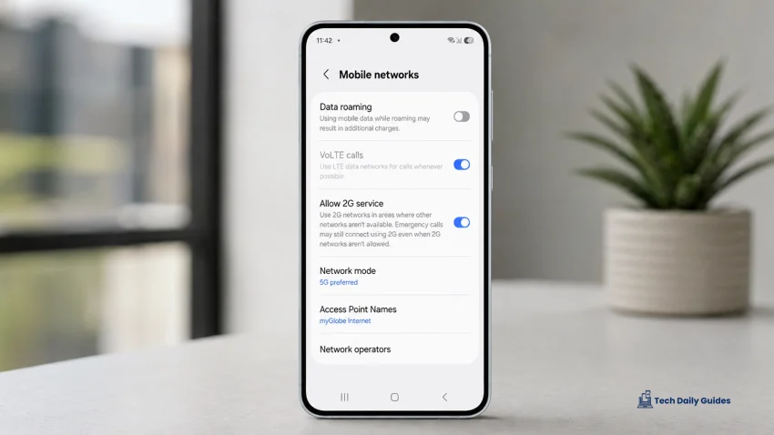 Samsung Galaxy A57 standing upright on a clean table with the Mobile networks settings screen open, showing Data roaming, VoLTE calls, Allow 2G service, Network mode set to 5G preferred, Access Point Names, and Network operators, with a blurred plant in the background.