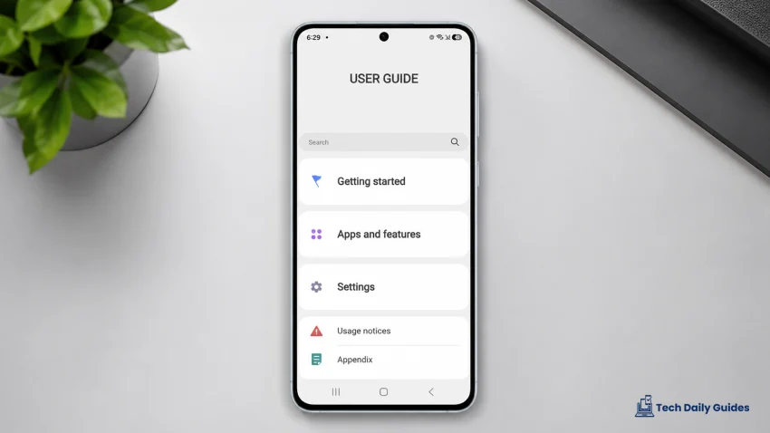 Samsung Galaxy A57 lying flat on a clean table in an overhead product shot, with the User Guide screen open and showing a search bar, Getting started, Apps and features, Settings, Usage notices, and Appendix sections, with a small green plant in the background.
