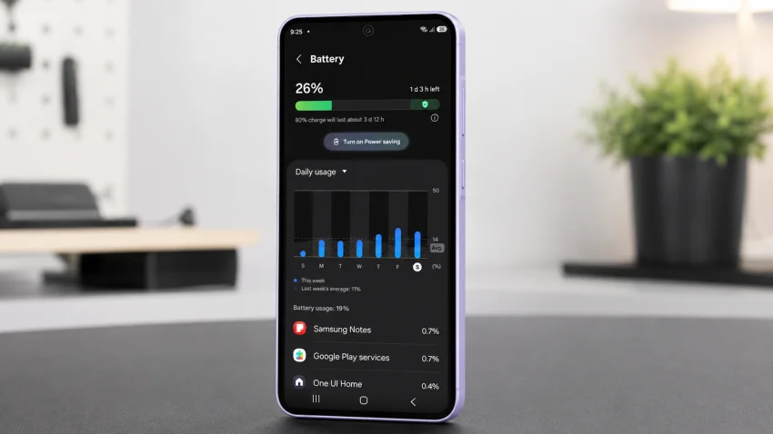 Galaxy A37 showing the Battery settings screen on a professional tech table, representing a battery draining fast issue.