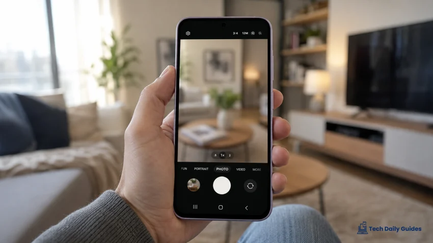Galaxy A37 held in one hand inside a living room with the Camera app open, showing a blurry viewfinder while trying to take a photo of the room.