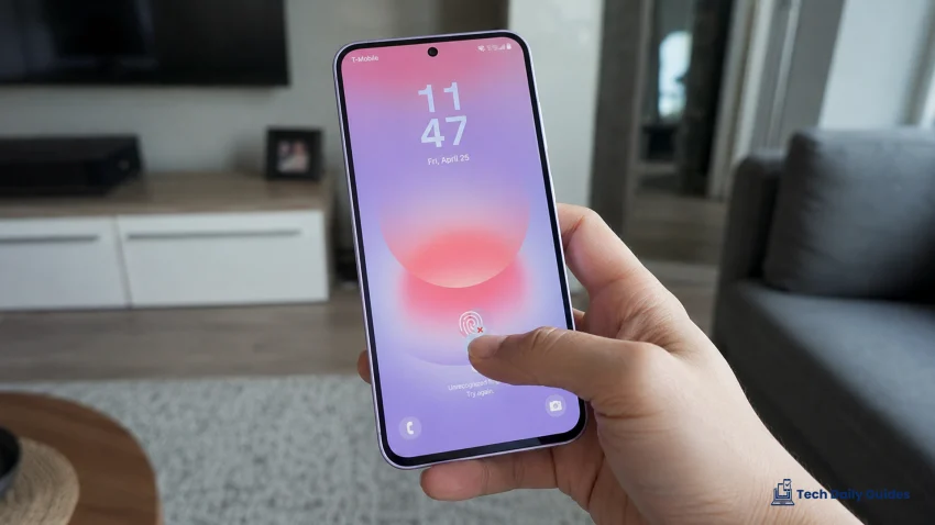 User holding a lavender Galaxy A37 in a living room while pressing a thumb on the in-screen fingerprint sensor near the bottom of the lock screen, with an error message showing the fingerprint was not recognized.