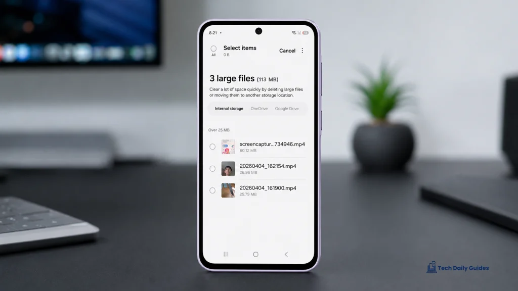 Lavender Galaxy A37 standing upright on a dark professional tech table with the Manage storage screen open, showing internal storage usage, file categories, duplicate files, large files, and storage cleanup suggestions.