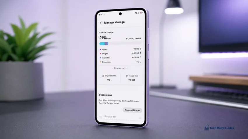 Lavender Galaxy A37 standing upright on a dark professional tech table with the Manage storage screen open, showing internal storage usage, file categories, duplicate files, large files, and storage cleanup suggestions.