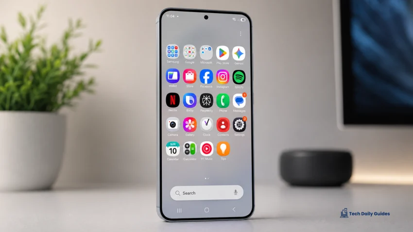 Samsung Galaxy A57 standing upright on a clean table with its One UI home screen visible, showing app icons, a centered punch-hole camera, slim bezels, soft studio lighting, and a blurred background with a small green plant.