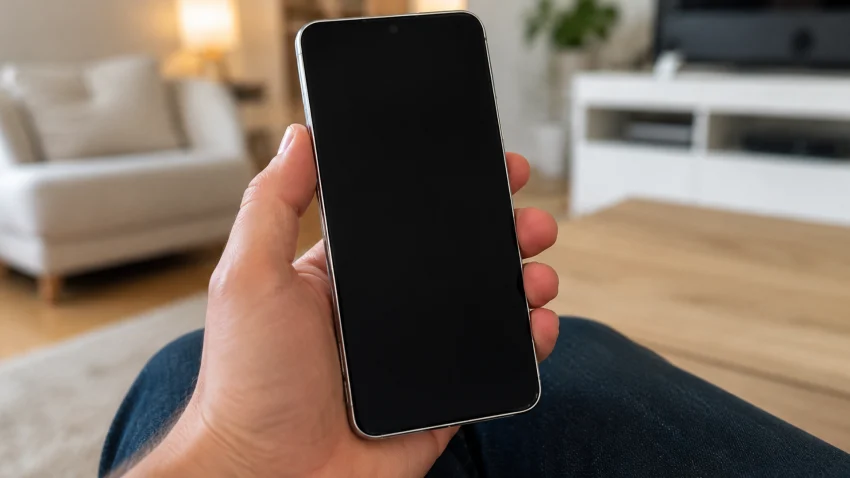 POV image of a user holding a Galaxy S26 with a black screen in a living room, showing a phone that will not turn on.