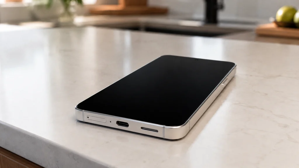 Galaxy S26 lying face up on a kitchen counter with a black screen, showing a phone that won’t turn on.